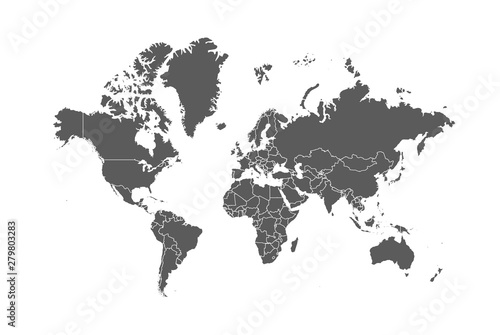 Fototapeta Naklejka Na Ścianę i Meble -  Blank Grey similar World map isolated on white background. Monochrome Worldmap Vector template for website, design, cover, annual reports, infographics. Flat Earth Graph World map illustration.