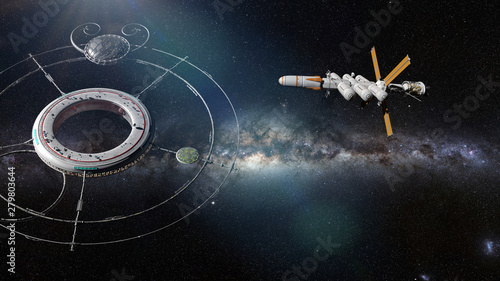 Fototapeta Naklejka Na Ścianę i Meble -  space station approached by a spaceship (3d science fiction illustration)
