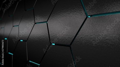 Bilde på lerret 3D illustration of a plurality of hexagons with the blue glow of a different size