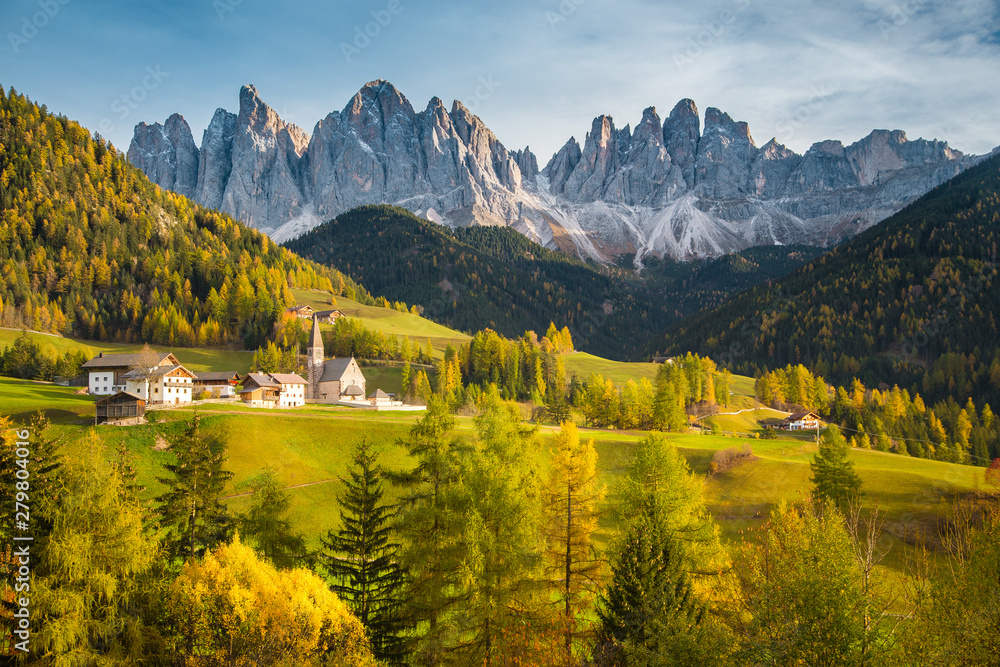 Val di Funes in the Dolomites at sunset, South Tyrol. Italy