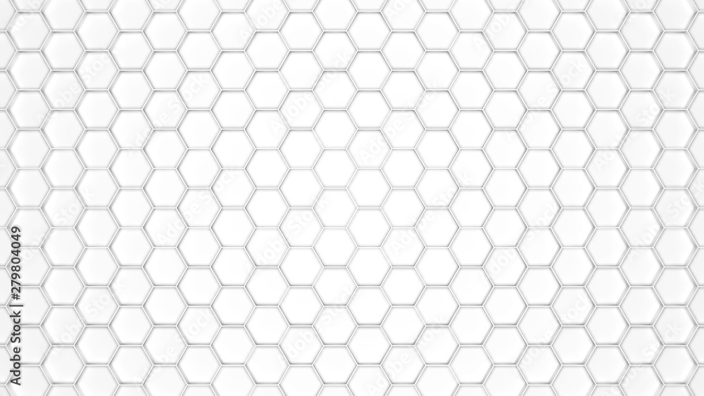 Fototapeta 3D rendering of a set of hexagons casting a shadow on a white surface. Futuristic, abstract desktop background, screensaver, 3D Wallpaper.