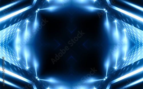 Dark abstract futuristic background. Neon lines, glow. Neon lines, shapes. Blue glow © Laura Сrazy