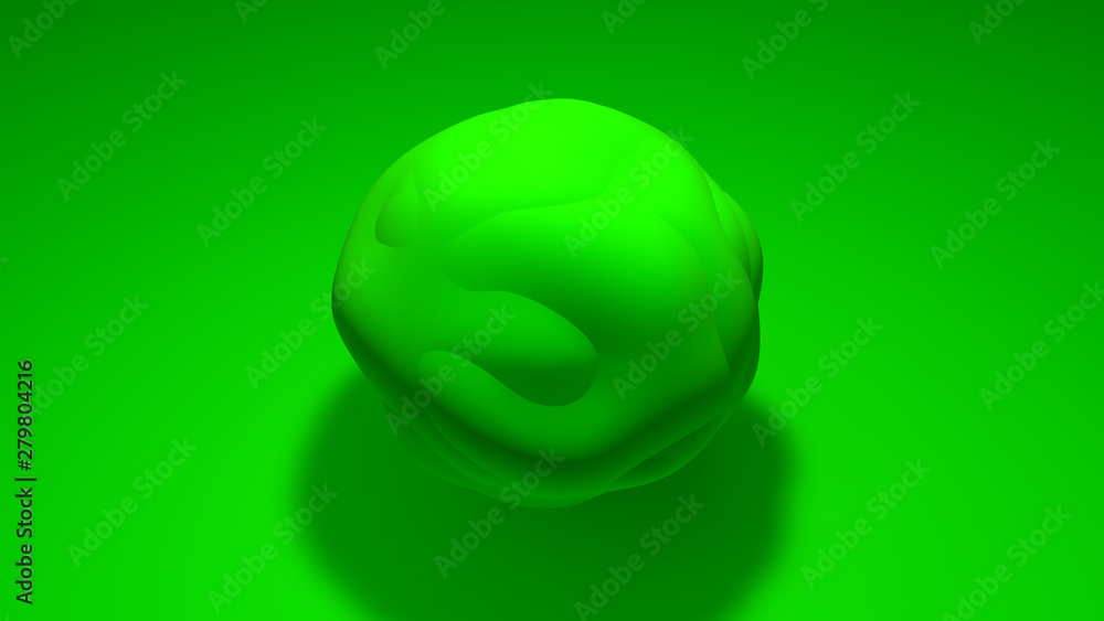 3D sphere of irregular shape with a curved surface. The object is green on a green background. 3D rendering of abstract object, image for desktop, background screensaver of pleasant color. 3D sphere of irregular shape with a curved surface. The object is green on a green background. 3D rendering of abstract object, image for desktop, background screensaver of pleasant color.
