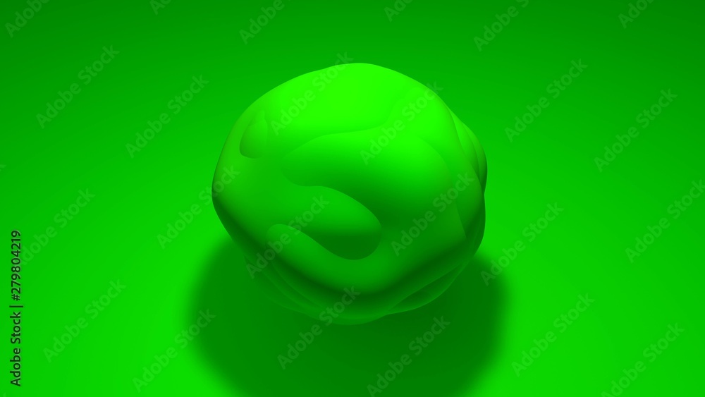 3D sphere of irregular shape with a curved surface. The object is green on  a green background. 3D rendering of abstract object, image for desktop,  background screensaver of pleasant color. Stock Illustration