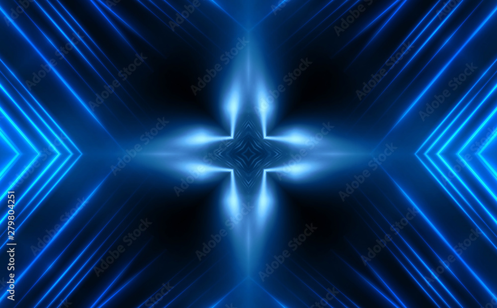 Dark abstract futuristic background. Neon lines, glow. Neon lines, shapes. Blue glow - obrazy, fototapety, plakaty 