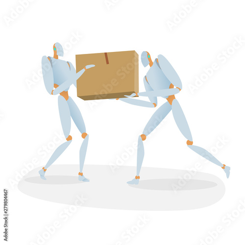 Robot or drone with artificial Intelligence deliver box or parcel. Automated logistics, fast deliver future technological shipment innovation