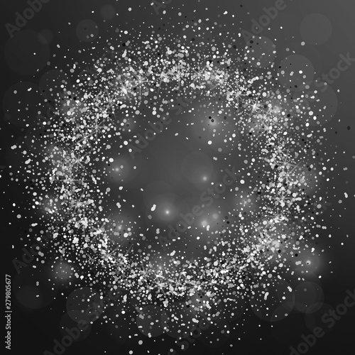 Silver particles in circle form on dark background. Lights Shine effect for your design. Falling particles for greeting card, invitation. Silver frame.