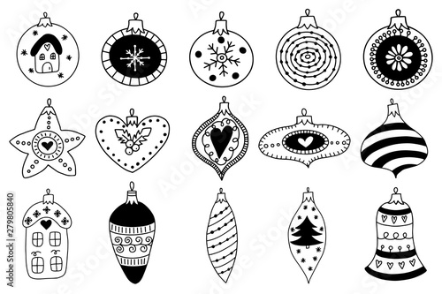 Hand drawn Christmas ball toys and snowflakes.
