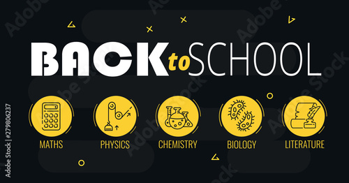 Back to the school. School sale. Biology, chemistry, literature, physics and other school subjects.