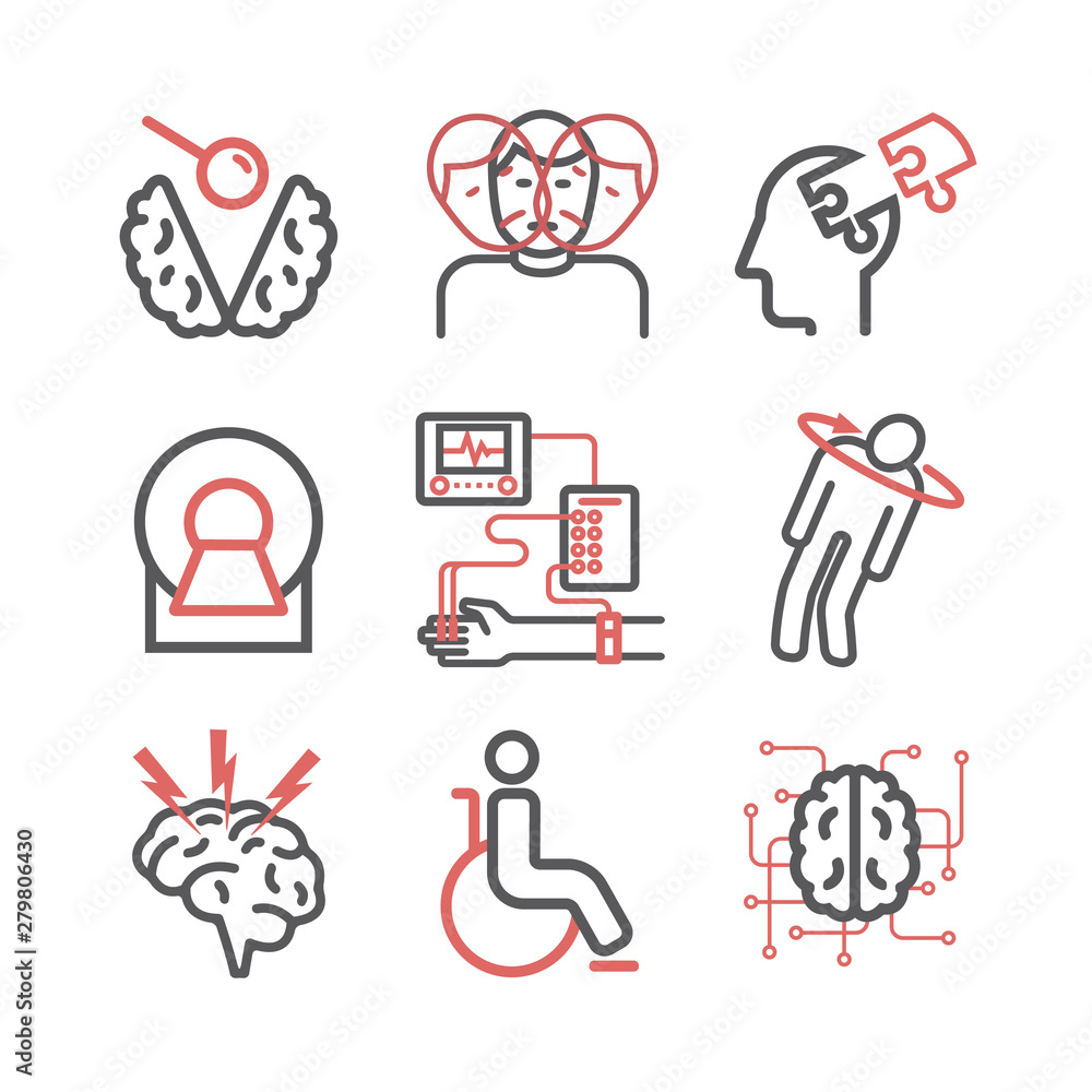 Multiple sclerosis. Symptoms, Causes, Treatment. Line icons set. Vector signs for web graphics. Multiple sclerosis. Symptoms, Causes, Treatment. Line icons set. Vector signs for web graphics.
