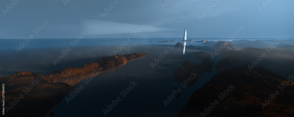 lighthouse on ocean shore in the evening, 3d landscape illustration
