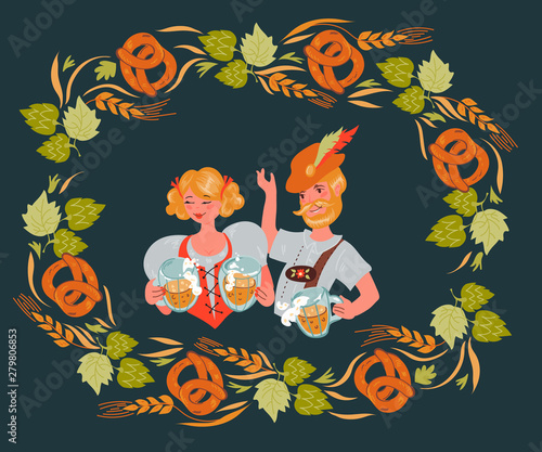 Couple of man and woman in German traditional costume with Oktoberfest beer mugs and frame with pretzels and hop leaves flat vector illustration. Autumn beer festival banner, card or poster.