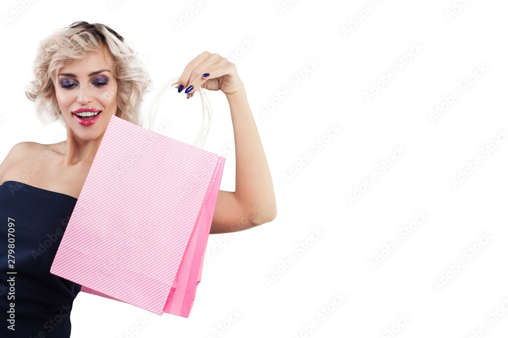 Beautiful surprised woman with shopping bags portrait on white b Beautiful surprised woman with shopping bags portrait on white b