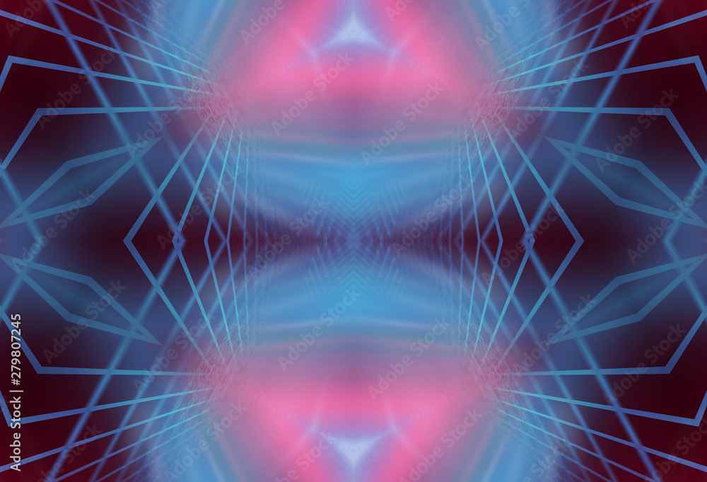 Dark abstract futuristic background. Neon lines, glow. Neon lines, shapes. Pink and blue glow