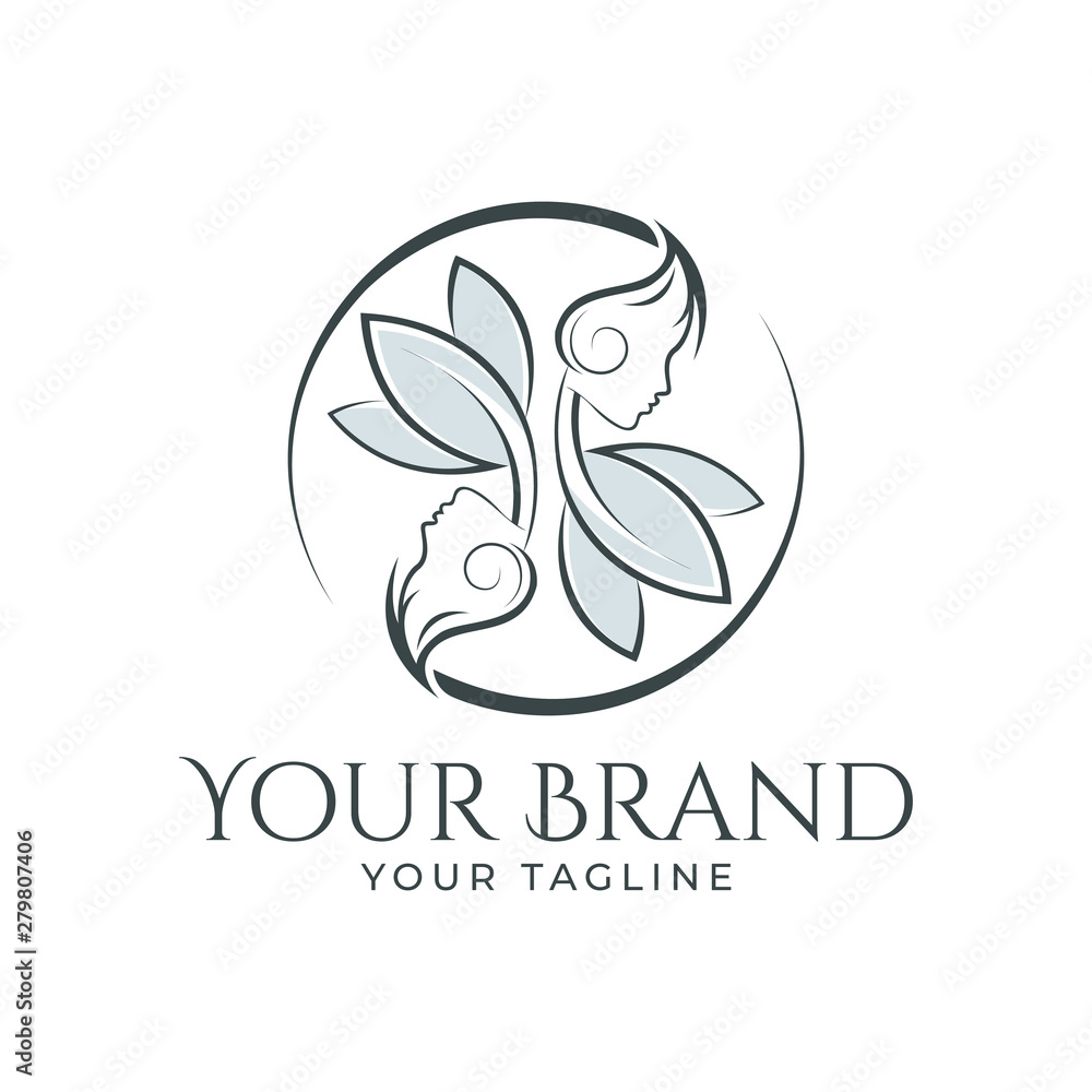 beautiful logo template of woman's face combined with leaf and flower upside down beautiful logo template of woman's face combined with leaf and flower upside down