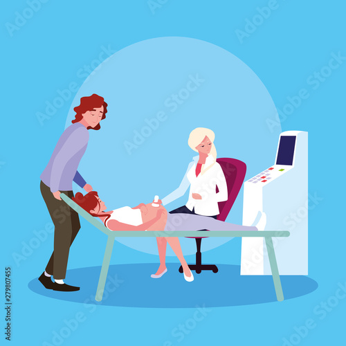 mother in stretcher performing ultrasound