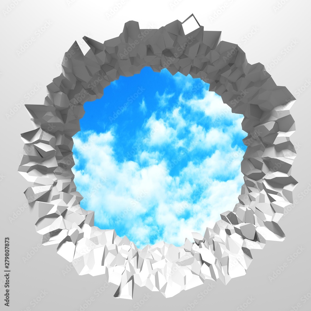 Obraz premium Сracked broken hole in white wall to cloudy sky