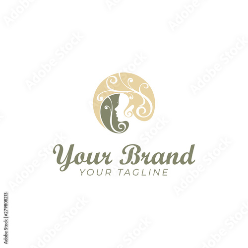 logo of beautiful woman with leaf hair in circle