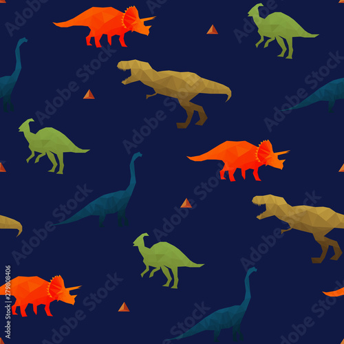 Green, blue, and orange geometric dinosaur seamless pattern. You can enjoy this pinwheel inspired pattern on packaging, wallpaper, backgrounds, and more.
