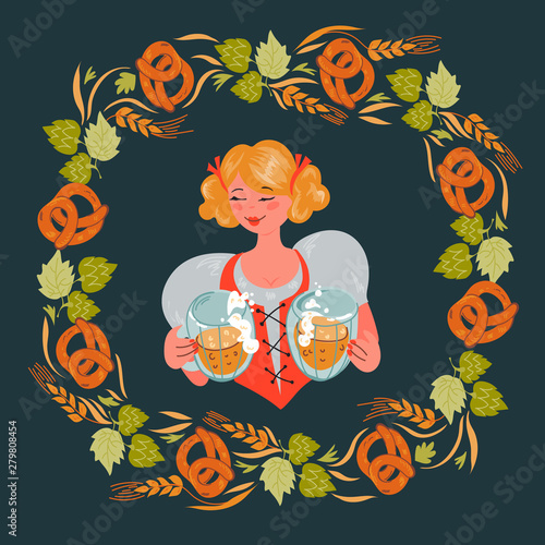 Pretty woman in German traditional costume with Oktoberfest beer mugs and frame with pretzels and hop leaves flat vector illustration. Autumn beer festival banner, card or poster design.