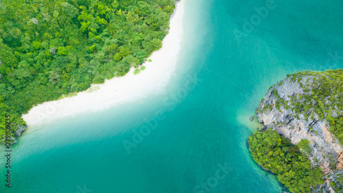 Beach top view or aerial view of the tropical island, white sand and emerald water in Phranang Beach, Railay Bay, Krabi, Thailand