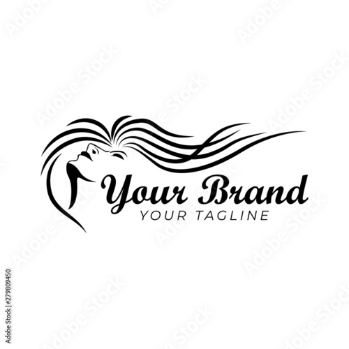 logo template of woman's face and waving long hair in black and white color