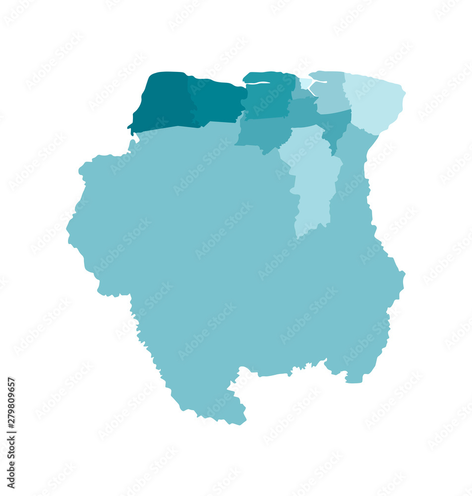 Vector isolated illustration of simplified administrative map of Suriname. Borders of the districts (regions). Colorful blue khaki silhouettes