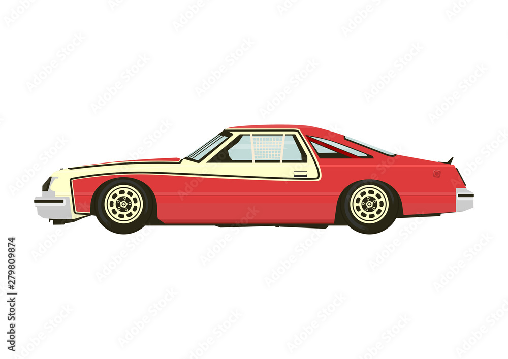 Racing car. Classic sports car from the seventies. Side view. Flat vector.