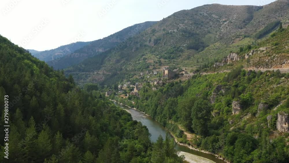 Coniferous forest along the tarn river aerial shot Prades village France lozere gorges du Tarn Coniferous forest along the tarn river aerial shot Prades village France lozere gorges du Tarn