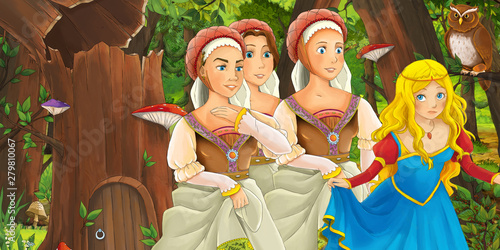 cartoon scene with happy young girls princesses royal crowd in the forest encountering pair of owls flying - illustration for children © honeyflavour