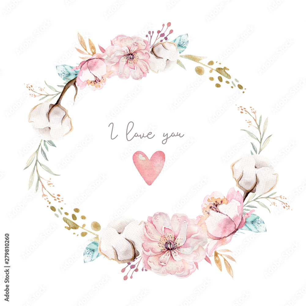 Watercolor boho floral set wirh cotton ball, protea flower. Bohemian natural wreath frame: leaves, feathers, flowers, Isolated on white background. Boho decoration illustration. Save the date
