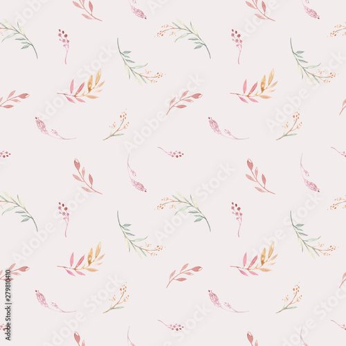 Hand drawing seamless watercolor floral patterns with rose, leaves, branches and flowers. Bohemian gold pink pattern prorea. Background for greeting wedding invitation