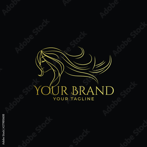 luxury logo of woman with curly long hair in gold color