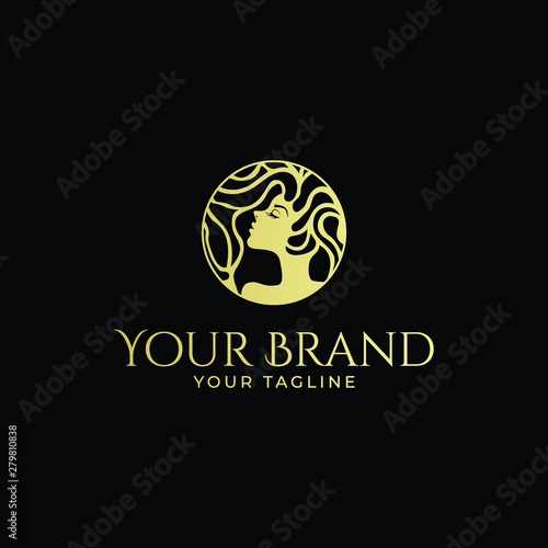 luxury logo template of beautiful woman's face with abstract hair in gold color