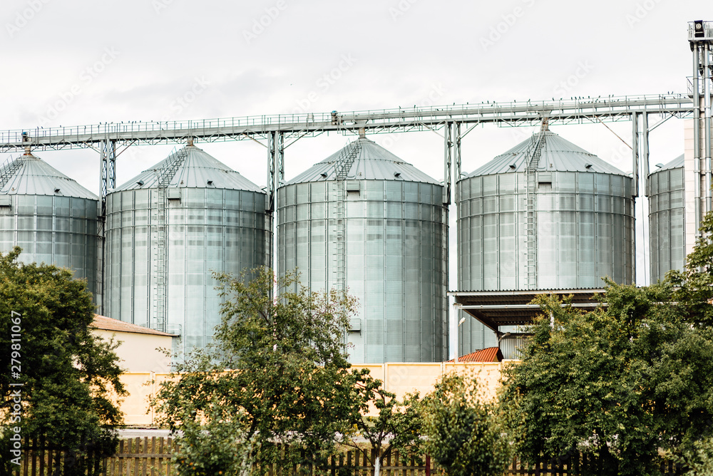 large modern plant for the storage and processing of grain crops. view of the granary on sunny day against the blue sky. end of harvest season. large modern plant for the storage and processing of grain crops. view of the granary on sunny day against the blue sky. end of harvest season.