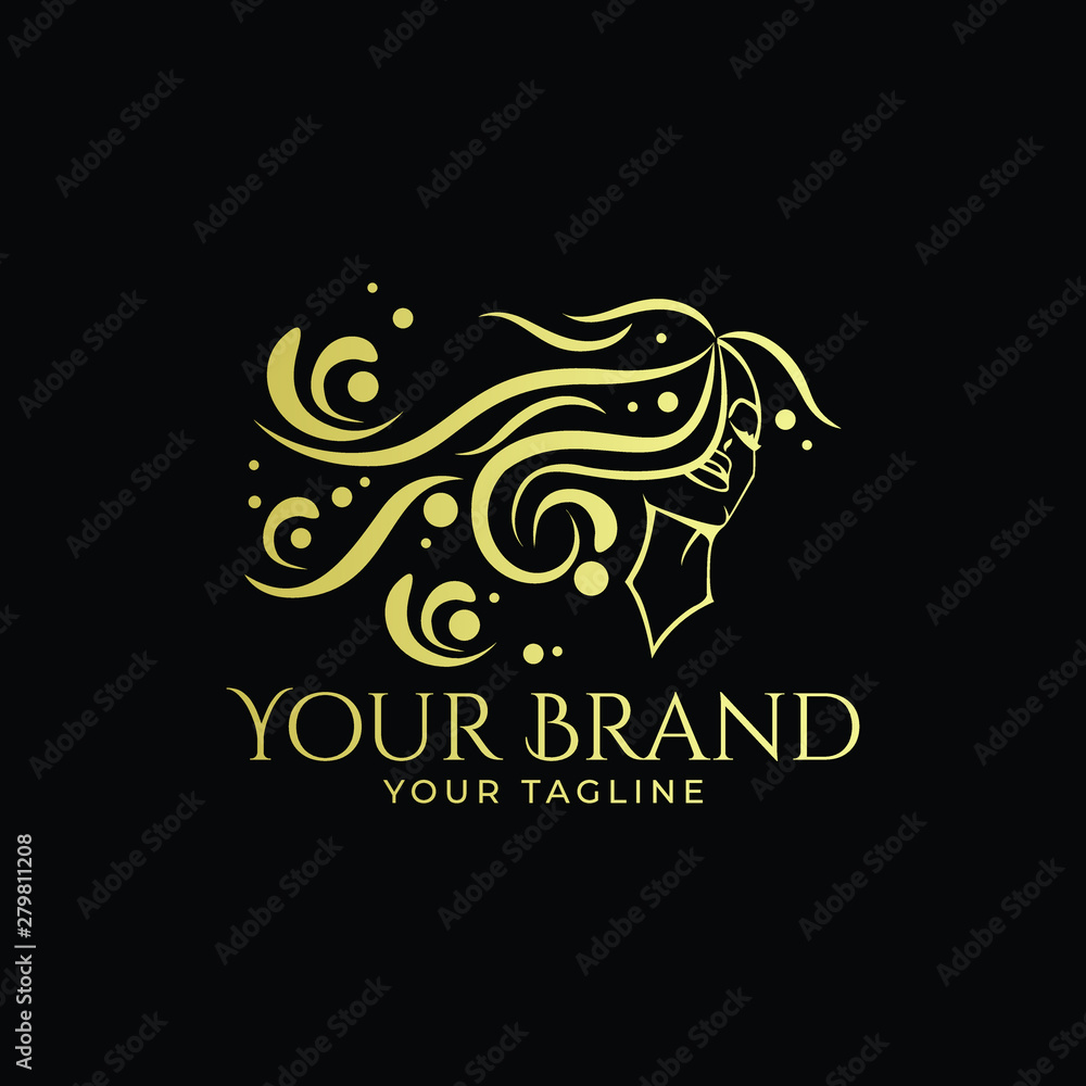luxury logo template of woman with long curly hair in gold color