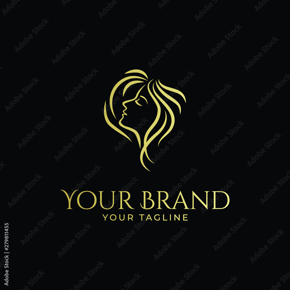 luxury logo template of woman's face and hair in gold color