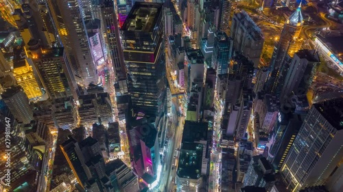 night illumination flight over hong kong city downtown traffic aerial topdown panorama 4k timelapse  photo