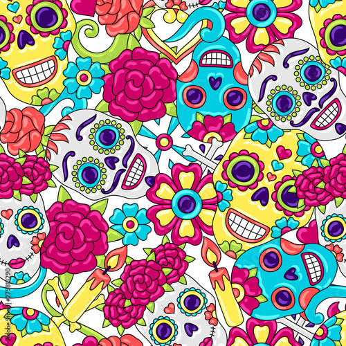 Day of the Dead seamless pattern. Sugar skulls with floral ornament.