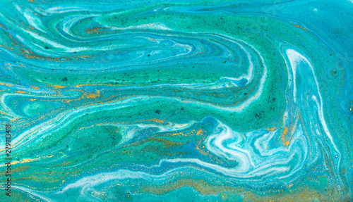 Blue, green and gold marbling pattern. Golden powder marble liquid texture.