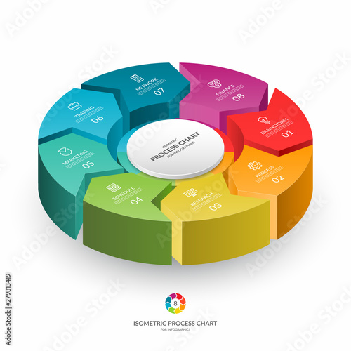 Infographic isometric 3d process chart. Cycle diagram with 8 stages, options, parts. Can be used for report, business analytics, data visualization and presentation.