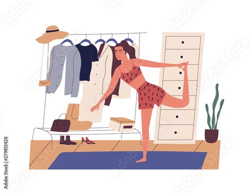 Young woman doing sports workout in morning. Cute happy girl performing gymnastic exercise at home. Start of working day, everyday life, daily activity. Flat cartoon colorful vector illustration.