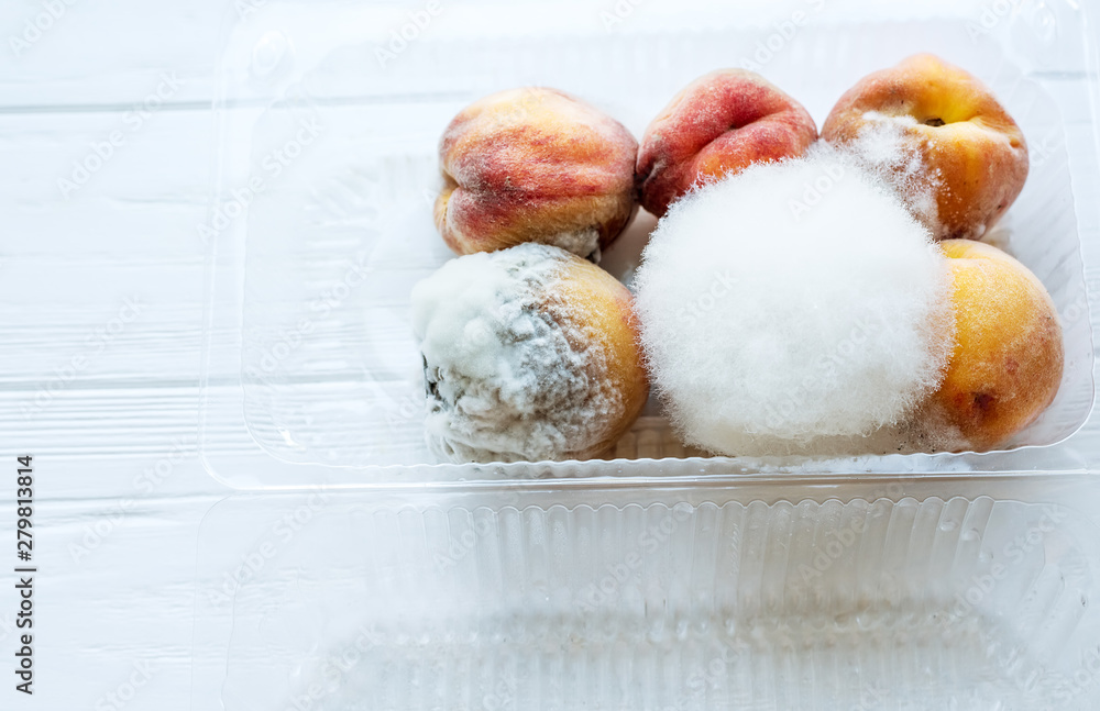Fruits of peaches covered with white fluffy mold in a box on a light background. Fruits of peaches covered with white fluffy mold in a box on a light background.