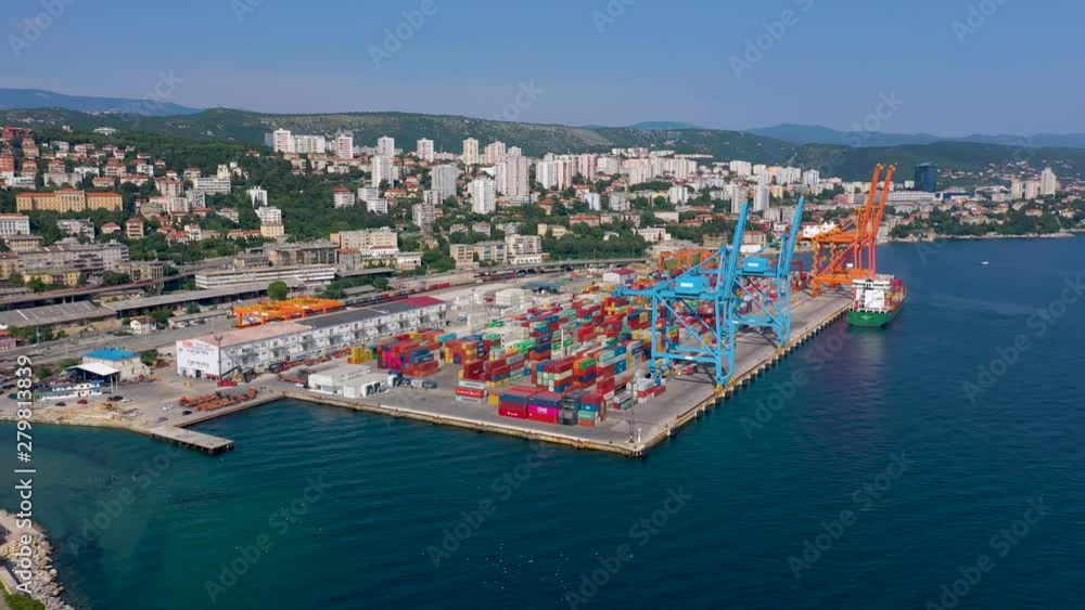 RIJEKA, CROATIA - MAY, 2019: Aerial view drone shot of Rijeka city port on Adriatic Sea shore. RIJEKA, CROATIA - MAY, 2019: Aerial view drone shot of Rijeka city port on Adriatic Sea shore.