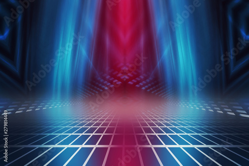 Empty background scene. Dark reflection of the street on the wet asphalt. Rays of blue and red neon light in the dark  neon figures  smoke. Background of empty stage show. Abstract dark background.