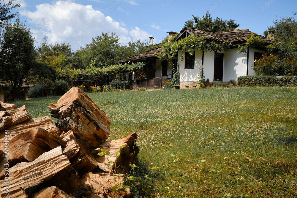 Fototapeta premium Bulgarian cottage with logs chopped and prepared for winter
