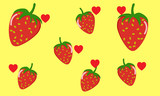 Strawberry Pattern and Red heart with isolated yellow background