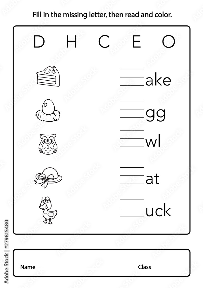 Fill in the missing letter, then read and color illustration, vector Fill in the missing letter, then read and color illustration, vector