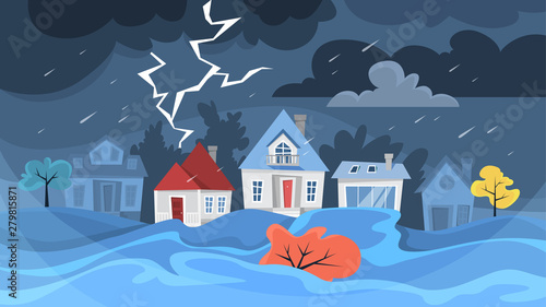 Flood disaster concept. Storm in the city, natural disaster © inspiring.team