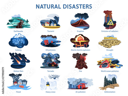 Natural disaster set. Earthquake and flood, forest in fire
